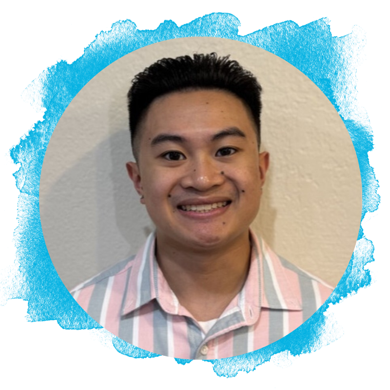 Dominic Apuan in pastel striped shirt inside teal paint-like circular frame