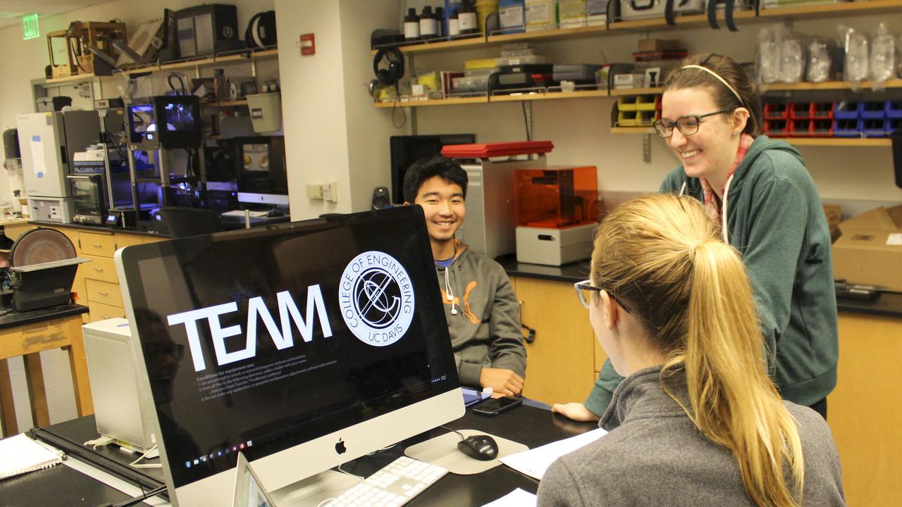 UC Davis biomedical engineering graduates use the TEAM Lab to build devices as part of the BMES student chapter's three-day Make-A-Thon competition. uc davis biomedical engineering bmes student make competition