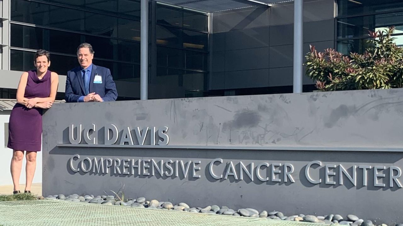 Professor Julie Sutcliffe (left) and UC Davis School of Medicine collaborator Rick Bold, M.D. at the UC Davis Comprehensive Cancer Center in Sacramento. Photo: Julie Sutcliffe/UC Davis. Professor Julie Sutcliffe and UC Davis School of Medicine collaborator Rick Bold, M.D. at the UC Davis Comprehensive Center in Sacramento