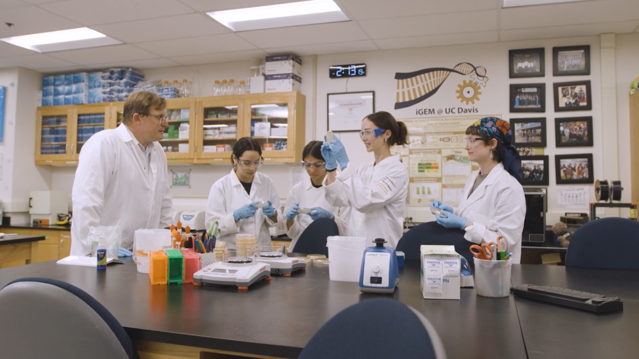 People in lab coats work in a classroom 