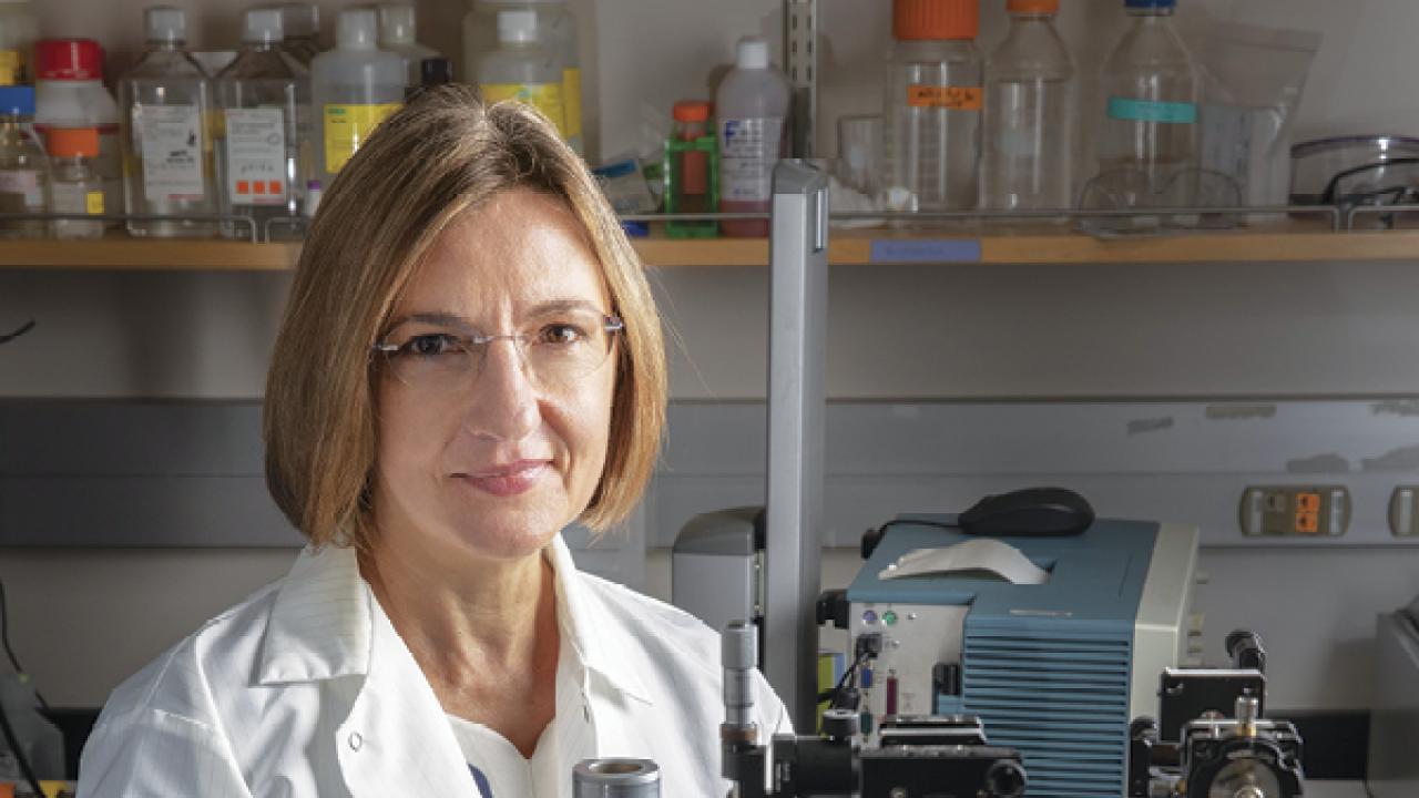Dr. Marcu in a white lab coat by a table of imaging equipment