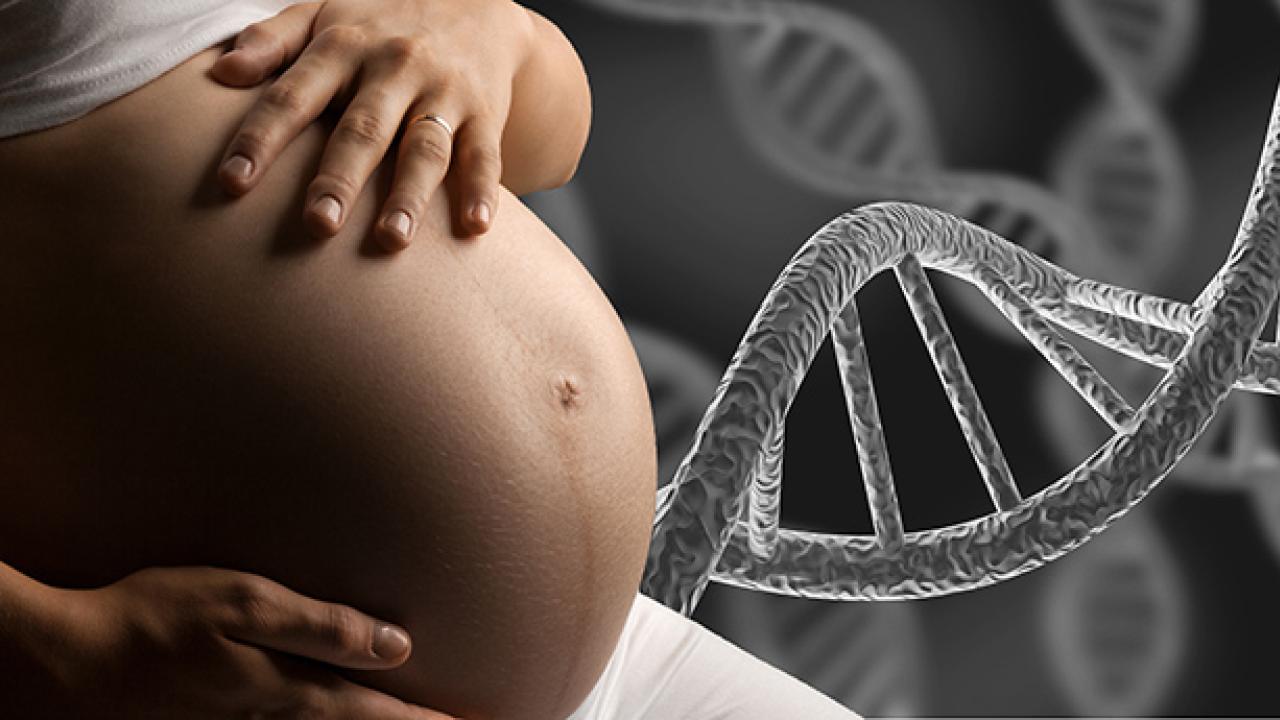 A pregnant woman holds her belly with a graphic of a DNA strand in the background