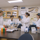 People in lab coats work in a classroom 