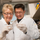 Farmer and Wang in white coats in a lab