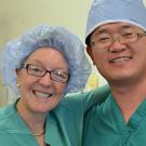 From left: Fetal surgeon Diana Farmer and bioengineer Aijun Wang.